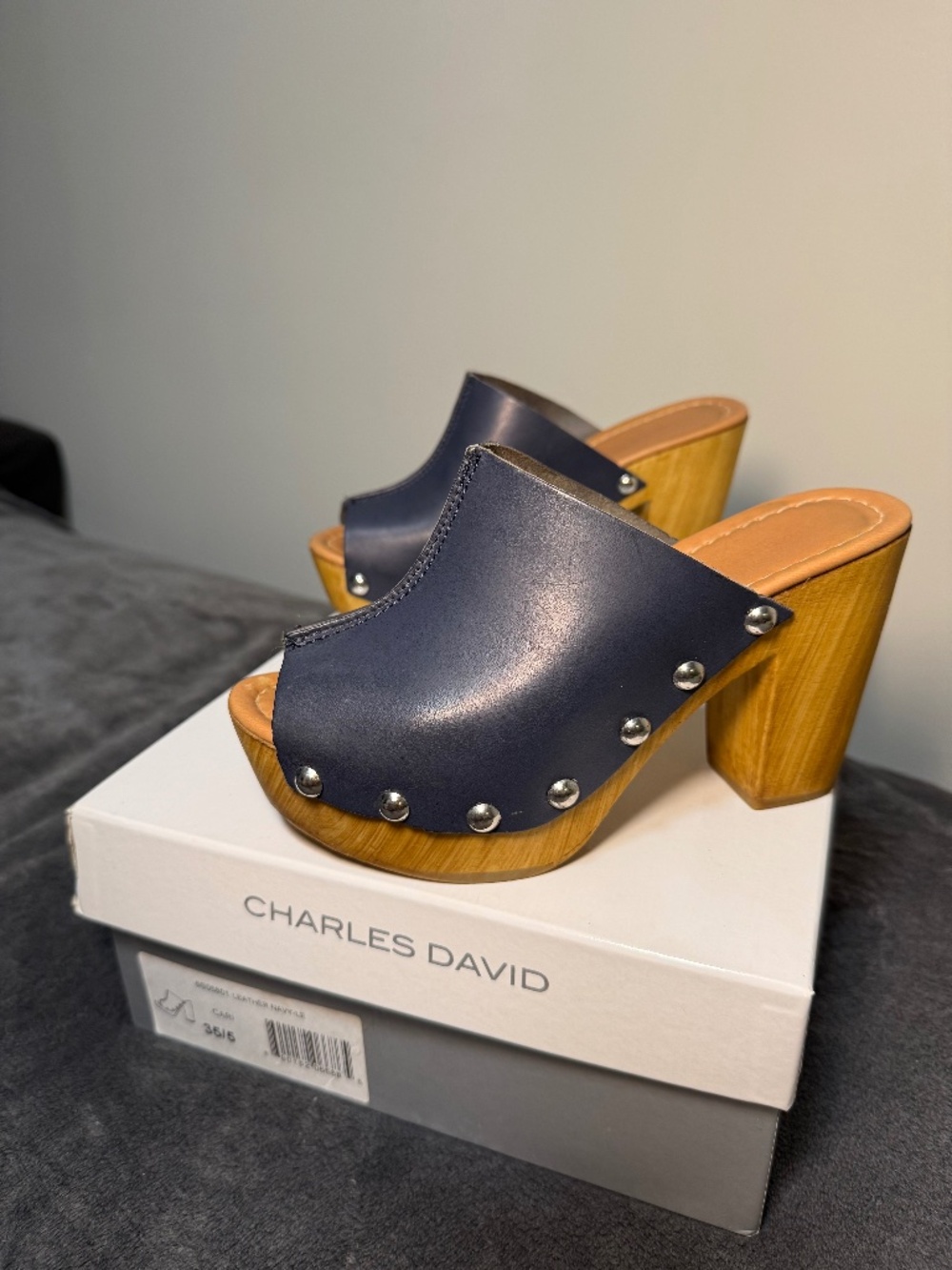 Charles David Studded Leather Clog Wooden Platform Heel